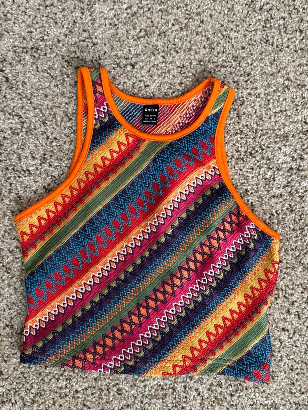 Orange-Trim Multicolor Diagonal Stripe Knit Crop Tank racerback boho Aztec